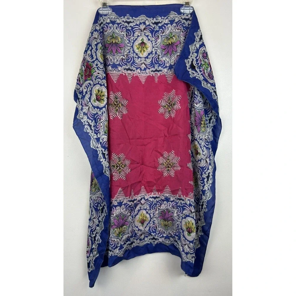 Vintage Silk Scarf Large Blue Floral Victorian Square Blue Pink Old Money 31x31